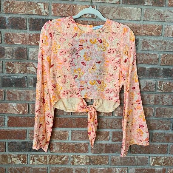 Zara Boho Bell Sleeve Open Tie Back Orange Floral Paisley Women's Small Blouse - Picture 2 of 16